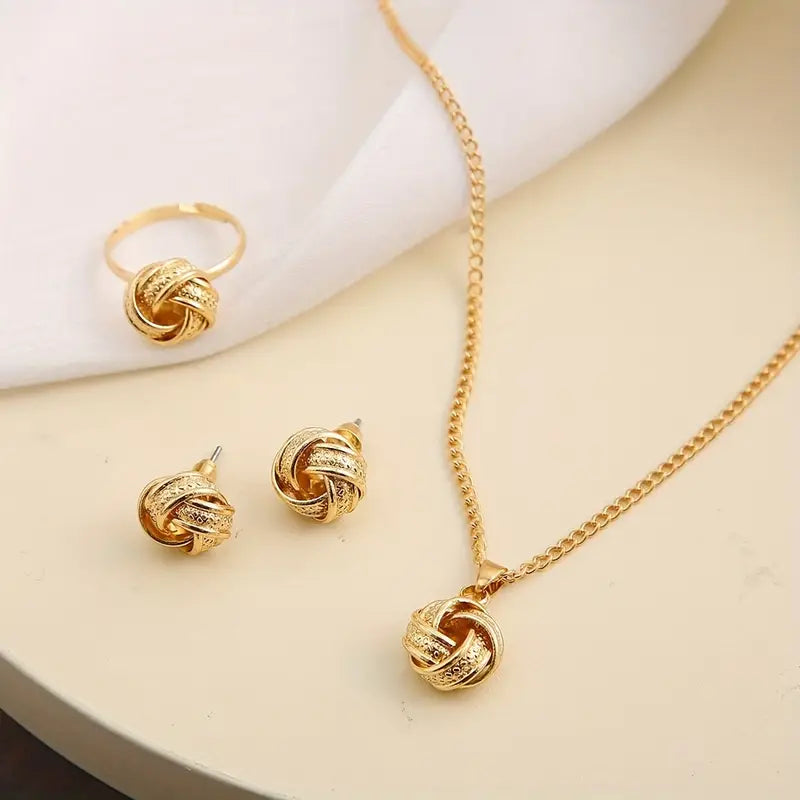 Vintage 3D Knot Ring Earrings & Necklace Set for Women – Boho Chic, Iron Crafted Jewelry for Daily Wear, Parties & Valentine’s Day Gifts