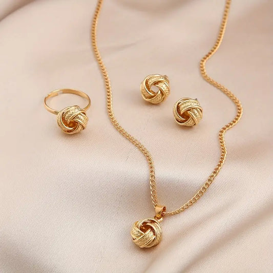 Vintage 3D Knot Ring Earrings & Necklace Set for Women – Boho Chic, Iron Crafted Jewelry for Daily Wear, Parties & Valentine’s Day Gifts